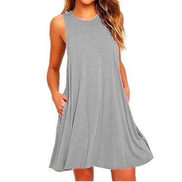 EGNMCR Summer Dresses for Women Beach Party Sundress Sleeveless Casual Loose Pockets Tank Dress