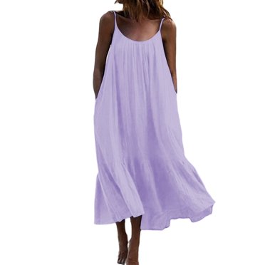 Bellella Robe d'Été de Plage pour Femmes, Col Rond, Longue Maxi, Couleur Unie, Bretelles Spaghetti, Robe Décontractée Sans Manches, Couvre-Maillot, Femmes, Bleu Foncé, S
