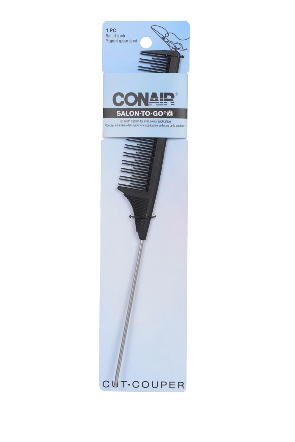 Conair Salon‑to‑go Rat Tail Comb with Metal Pick, Halftooth Pattern for Colouring & Styling, Black, 1 Pk
