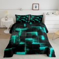 thumbnail image 1 of YST Neon Teal and Black Full Comforter Set for Boys Girls,3D Checkered Geometric Bedding Set,Abstract Square Grid Comforter Set Breathable Soft,Glowing Geometry Quilt Bed Set 3Pcs, 1 of 5