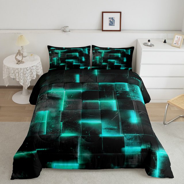 YST Neon Teal and Black Full Comforter Set for Boys Girls,3D Checkered Geometric Bedding Set,Abstract Square Grid Comforter Set Breathable Soft,Glowing Geometry Quilt Bed Set 3Pcs