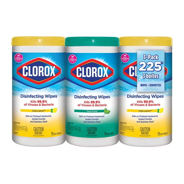 Clorox® Disinfecting Wipes Fresh Scent & Crisp Lemon 3-pack with 225 wipes total, featuring two canisters with yellow lids for Crisp Lemon scent and one with a green lid for Fresh Scent. These multi-purpose disinfecting wipes kill 99.9% of viruses and bacteria and are safe for finished hardwood, sealed granite, and stainless steel surfaces, suitable for cleaning and disinfecting various hard, nonporous areas.
