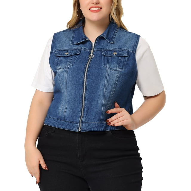 GRACE & GRANDEUR Women's Plus Size Trucker Vest Zipper Front Sleeveless Denim Vests Denim Blue 5X. This sleeveless denim vest features a zipper closure, stand collar, and two front pockets. Made of 85% cotton and 15% polyester, it offers a regular fit and vibrant denim blue color. Shown layered over a white short-sleeve top and black pants.