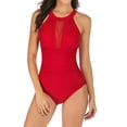 thumbnail image 1 of Bigersell Women One-Piece Swimsuits , High Neck Front Ruched Bathing Suit , Keyhole Back Padded 1 Piece Swimsuit for Spring Summer Vacation Beach Swimwear, Style SW-24, Red, XL, 1 of 2
