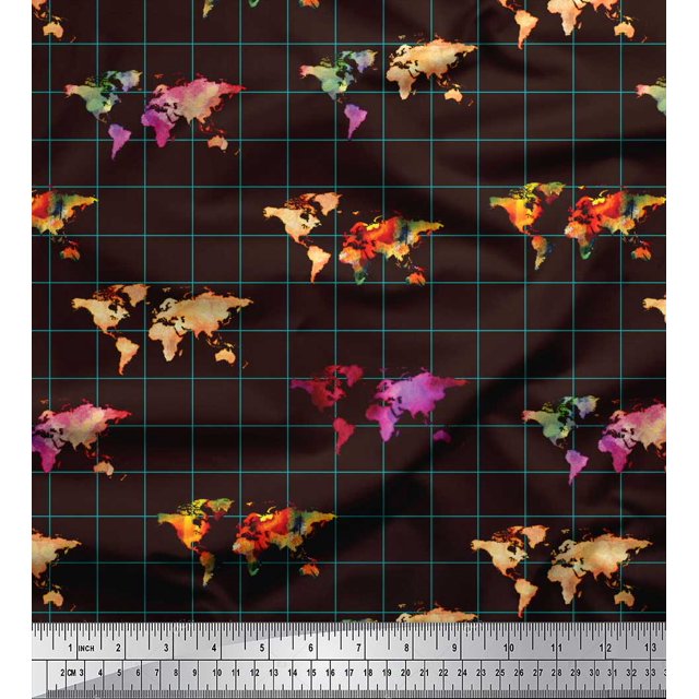 Soimoi Brown Cotton Poplin Fabric Check & World Map Printed Fabric 1 Yard 42 Inch Wide
