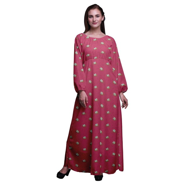 Bimba Robe Maxi à Manches Longues pour Femmes en Georgette Mousse Imprimée de Feuilles et d'Anémones à Taille Élastique - Xxx-Grand