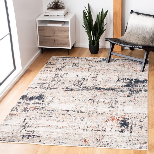Safavieh Mayflower Elvina Abstract Area Rug with a distressed vintage abstract pattern in soft neutral tones accented by black and rust, featuring a subtle textured pile and petite fringes. The power-loomed synthetic yarn rug is shown on light hardwood flooring beside a modern white and wood side table, a black woven chair with a faux fur cushion, and a tall snake plant, ideal for adding timeless elegance to contemporary living spaces.