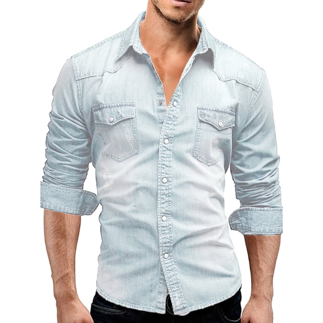 Kmbangi Men's Casual Denim Shirts Solid Color Long Sleeve Lapel Button Tops for Party Spring Autumn. The shirt features a light blue solid color design with a lapel collar, button-down front, and two chest pockets. Made from a blend of 30% polyester, 50% cotton, and 20% chemical fiber, it is lightweight and breathable. Suitable for casual wear, parties, and outdoor activities. Available in sizes M to 3XL.