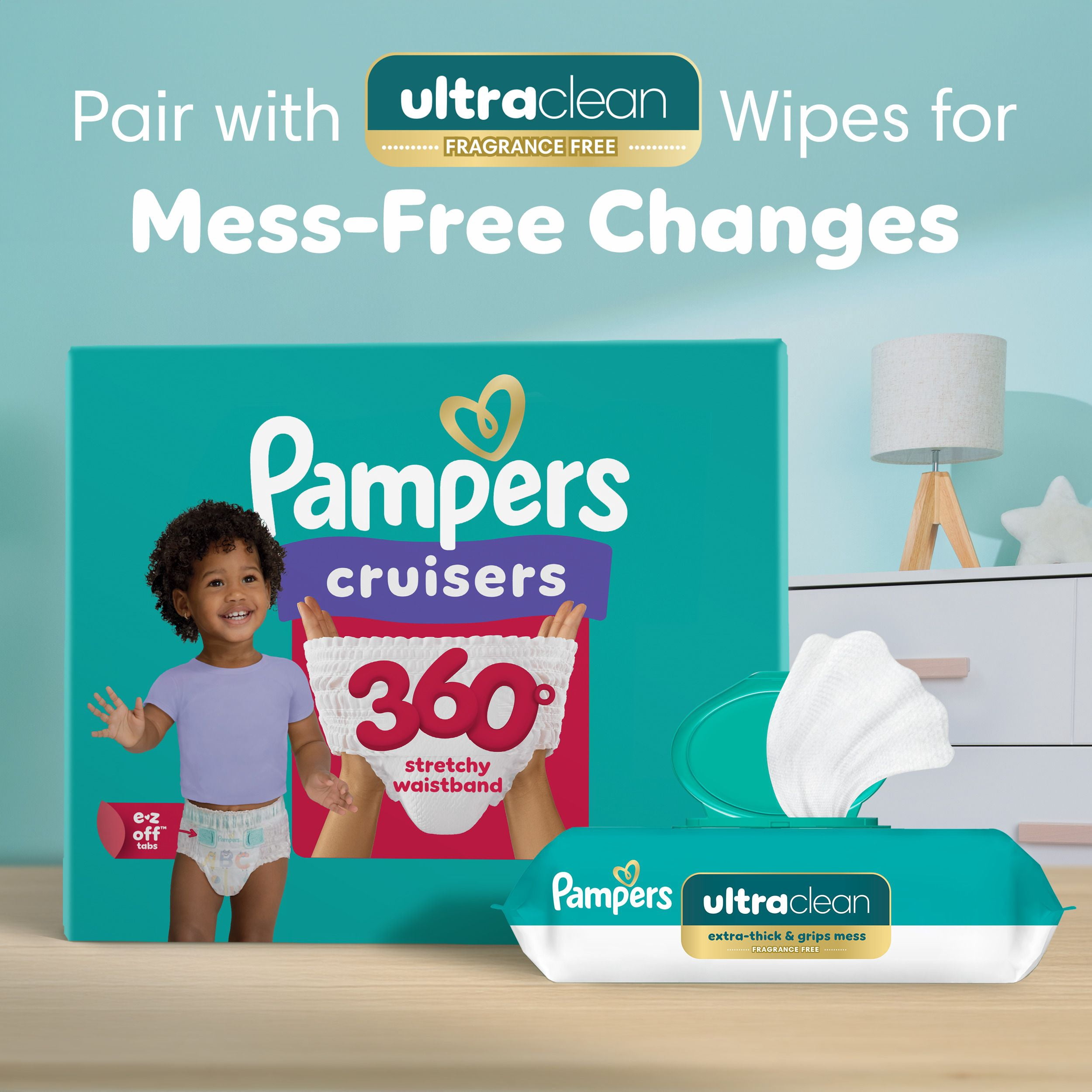 Couches Pampers Cruisers 360°, ajustement jusqu’à 100 % sans fuites, conçues pour les bébés actifs, couche à enfiler, rabats rapides conçus pour faciliter les changements, taille 4, 21 unités