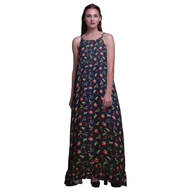 Bimba Bleu Marine Foncé Feuilles Florales et Tulipes Vêtements de Nuit pour Femmes Nuisette Imprimée Robe Maxi à Bretelles Spaghetti Vêtements de Nuit XXX-Large