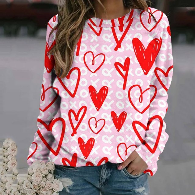 Chemise de Saint-Valentin pour Femmes 2024 Col Rond Chemises Décontractées Cœur d'Amour Graphiques Tees Manches Longues Amples Pull Tops Mode Vacances T-Shirt
