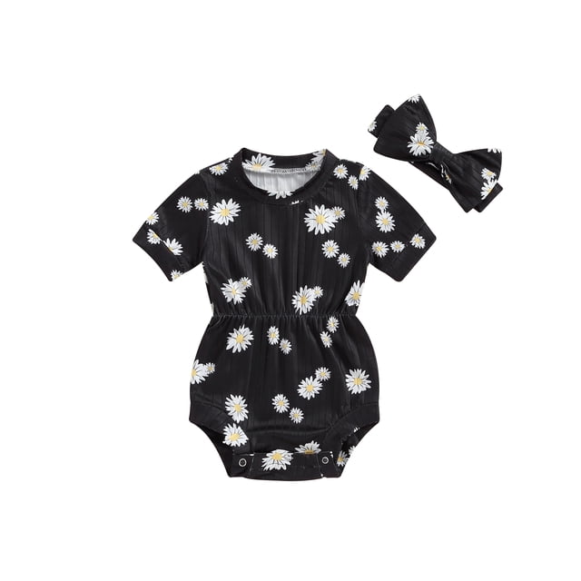 EYIIYE Toddler Little Girl 2 Piece Summer Set 0 3M 6M 9M 12M 18M Infant Baby One-piece Rompers Round Neck Jumpsuits Daisy Print Ribbed Short Sleeve Bods Fashion Casual Cute Outfits for Daily