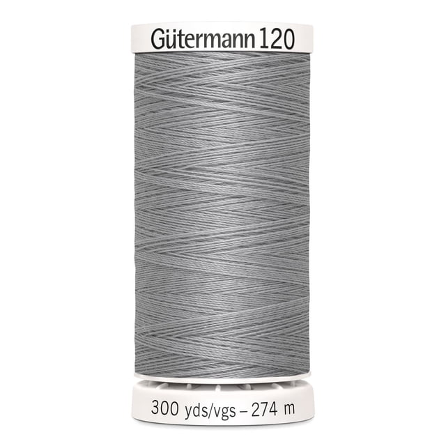 Gutermann 120 Bobine de Fil Tout Usage 100 % polyester en Gris, Enroulée Serrée sur une Canette en Plastique Blanche Étiquetée avec la Marque et 300 yards (274 Mètres) de Longueur, Convient à la Couture à la machine et à la Main de Divers Tissus, Y Compris le Coton et les Synthétiques, Souvent Utilisée pour des Projets d'Artisanat et de Raccommodage.