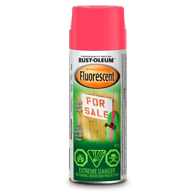 Rust-Oleum Specialty Fluorescent Spray Paint can with bright pink cap, suitable for indoor and outdoor use, providing bright neon colour and high visibility finish, featuring a 'For Sale' sign and skateboard graphic, 312 g, with extreme danger warnings for flammability and poison.