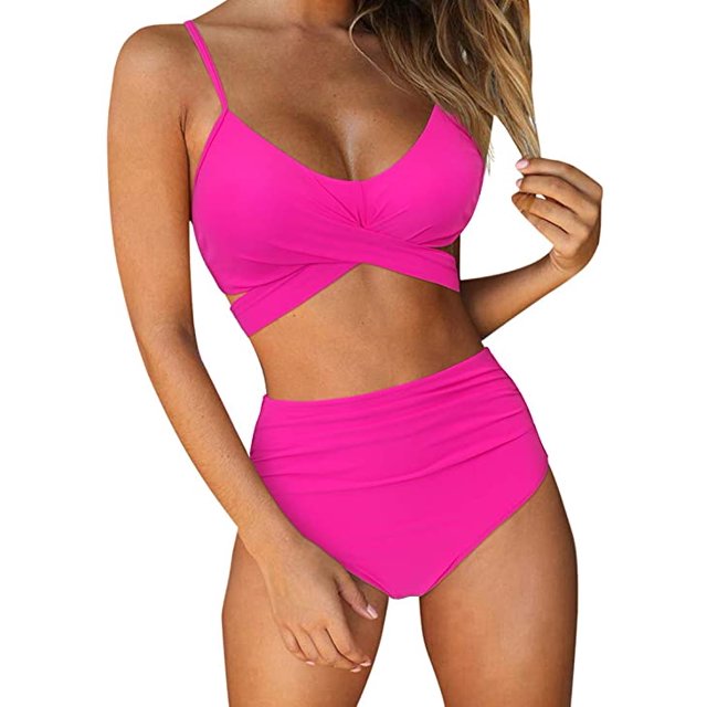 Women Criss Cross High Waisted String Floral Printed 2 Piece Bathing Suits(Rose Red,XL)