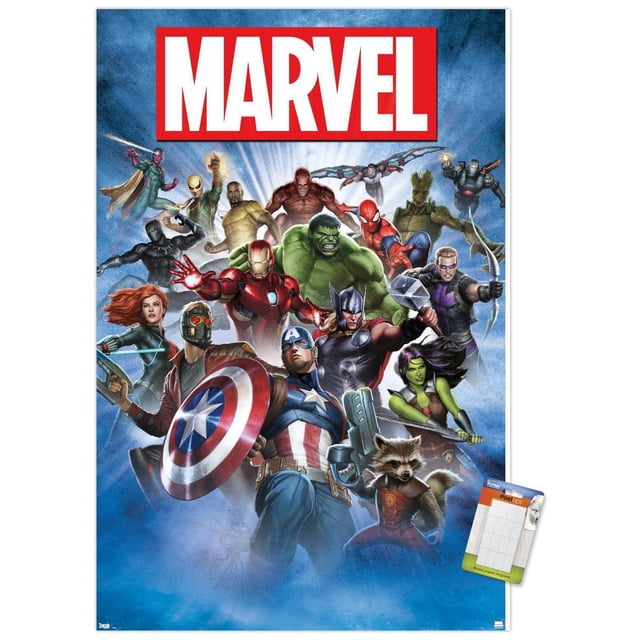 Marvel Comics - Affiche Murale Photo de Groupe, 22,375 Pouces x 34 Pouces, art Mural Brillant Présentant une Impression Haute Résolution de Superhéros Marvel, Dont Captain America avec Bouclier, Iron Man, Thor avec Marteau, Hulk, Black Widow, Star-Lord, Rocket Raton Laveur, Groot, Spider-Man et Hawkeye avec Nœud, Posée de Façon Dynamique sur un Fond Bleu avec le logo Marvel Rouge et Blanc. Convient aux Chambres, Bureaux Ou à la Déco de Dortoir.