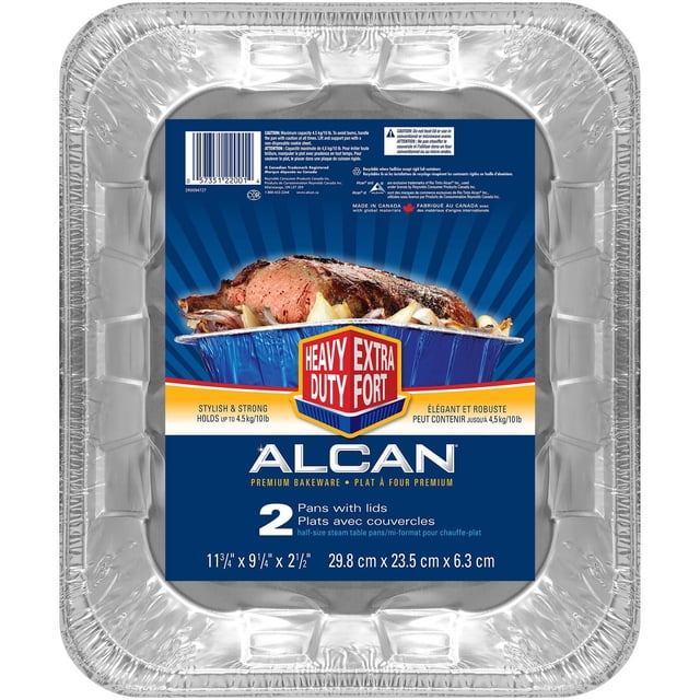 Alcan™ Table Vapeur Demi-Format de Qualité Supérieure Pan Rôtissoire Papier D\'aluminium Pan Ensemble de 2 avec Couvercles, Batterie de Cuisine Jetable en Aluminium Robuste Mesurant 29,8 cm par 23,5 cm par 6,3 cm, Conçue pour Rôtir et Cuire à la Vapeur dans les Ustensiles de Cuisine. Ces Plats Recyclables et Sûrs pour les Aliments Conviennent Aussi comme Plateaux de Service pour les Rassemblements.