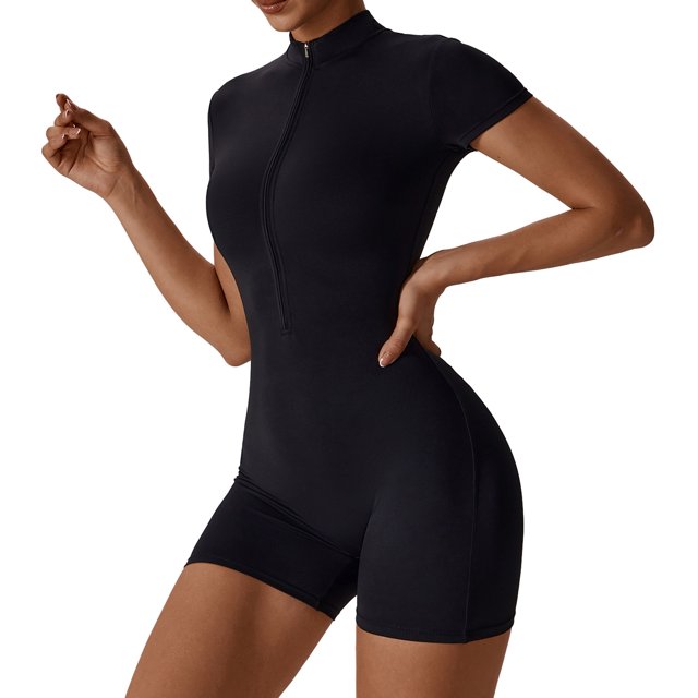Women Jumpsuit With Zipper Casual Workout Short Sleeve Rompers Exercise Yoga Tummy Control Bodysuits