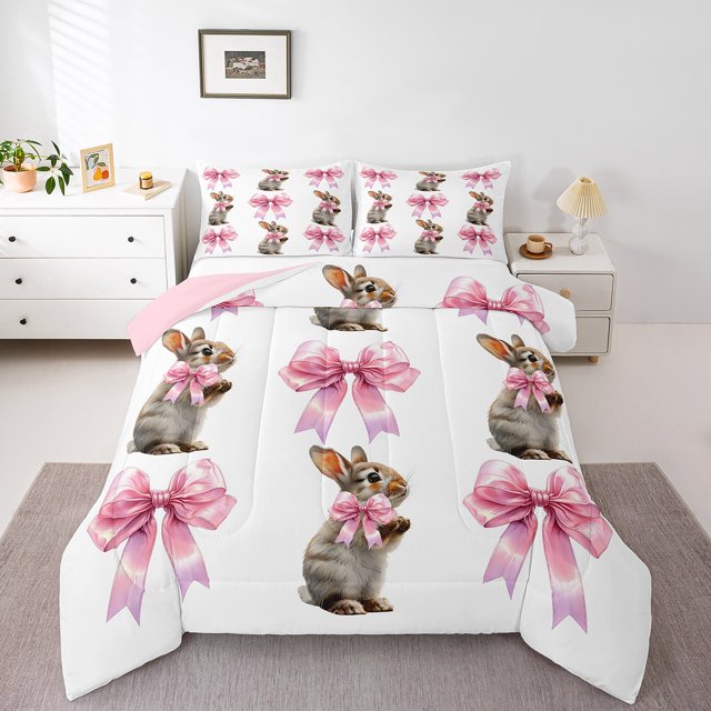 Erosebridal Cute Rabbit Bedding King Comforter Set,Kawaii Bowknot Bedding Sets King with Comforter,Girls Room Decorative,Reversible,Lightweight,3 Pieces