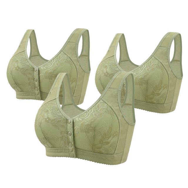 Sentmoon 3PC Front Closure Bras for Women Plus Size No Underwire Seamless Bras for Women Comfortable with Button Floral Lace Embroidery Lift Sleep Bras Mom Lightweight for Daily Commute Green 46/105