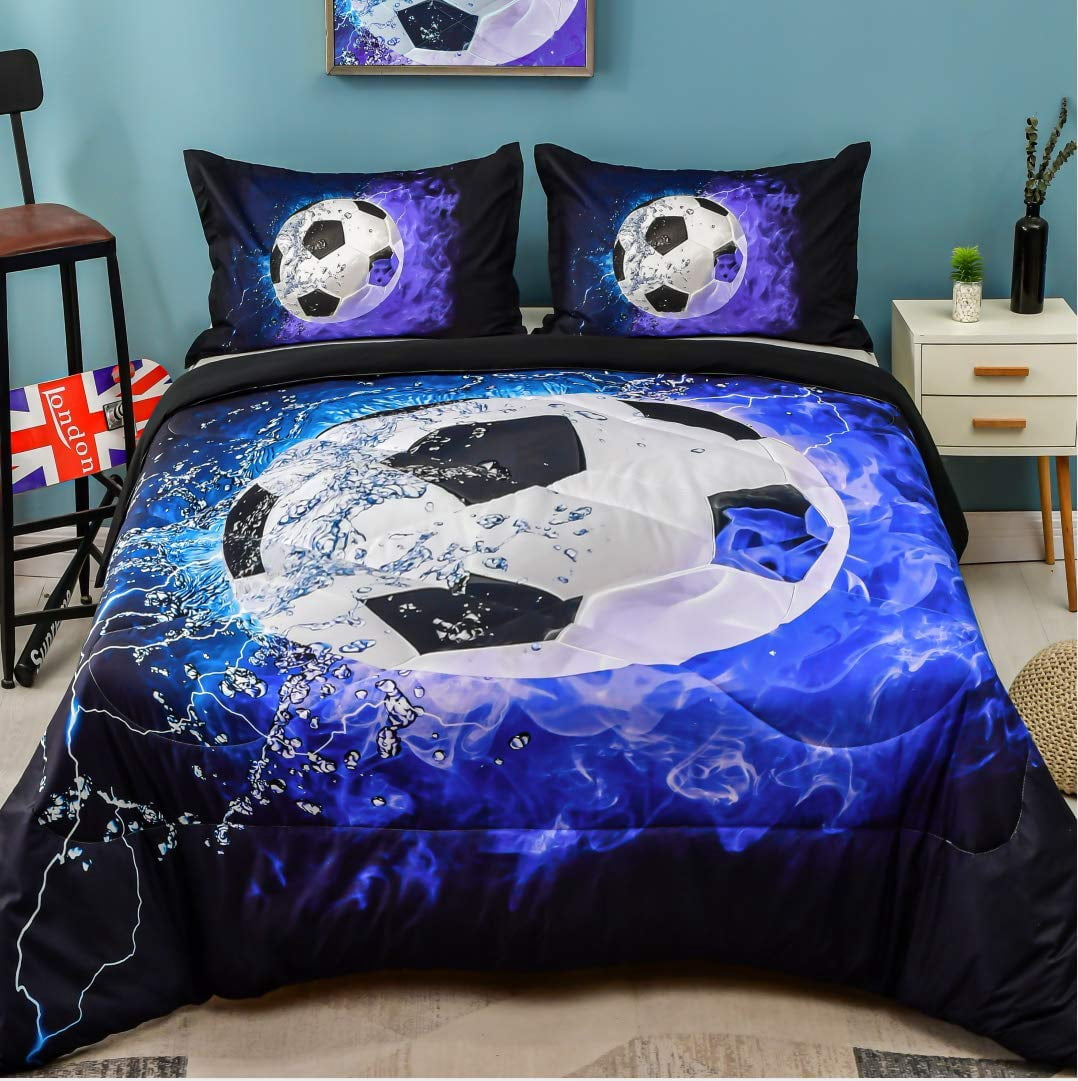 Andency Soccer Comforter Twin(66x90 Inch) 2 Pieces(1 Soccer Comforter 1 Pillowcase) Blue Flame Soccer Comforter Set Sport Microfiber Bedding Set for Boy Girl Kids Teen