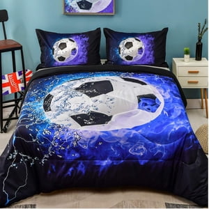 Andency Soccer Comforter Twin(66x90 Inch) 2 Pieces(1 Soccer Comforter 1 Pillowcase) Blue Flame Soccer Comforter Set Sport Microfiber Bedding Set for Boy Girl Kids Teen