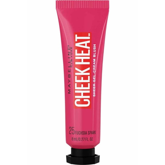 Maybelline New York Cheek Heat Sheer Gel-Cream Blush in 25 Fuchsia Spark, 8 ml tube with bright pink packaging and black hexagonal cap, a liquid blush for a natural-looking flush on cheeks, suitable for face makeup.