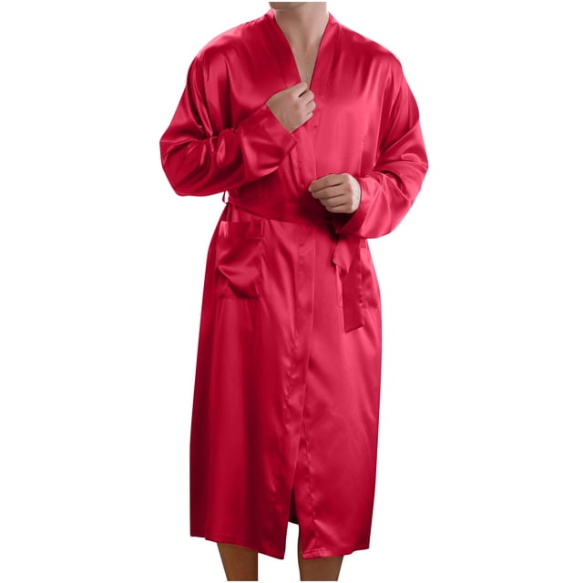 Men Solid Casual Long Sleeves Lace-up Home Pocket Long Pajama Robe in vibrant red. Made of silky polyester, featuring a kimono-style shawl collar, adjustable belt, and two front pockets. Lightweight and breathable, suitable as a bathrobe or sleepwear for spring and summer seasons.