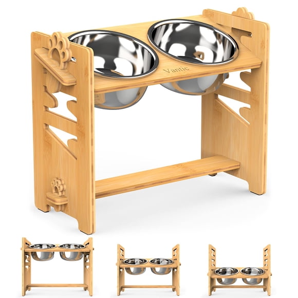 Vantic Elevated Dog Bowls Adjustable Raised Dog Bowl Stand for Large and XLarge Pet Sturdy Bamboo Food Feeder with 2 Stainless Steel Dishes Natural