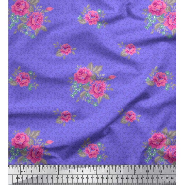 Soimoi Tissu Poly Georgette à Imprimé Floral de Tourbillons, Feuilles et Roses 1 Yard 52 Pouces de Large