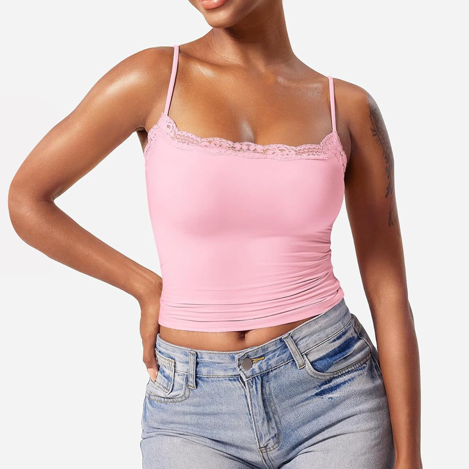 Pink Womens Tops Lace Top Double Lined Tank Top Spaghetti Strap
