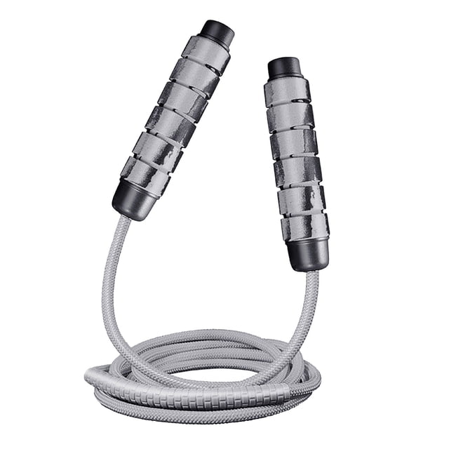 Kyusrd adjustable weighted skipping heavy rope in grey, ideal for gym and outdoor exercise. Features a 118-inch polyester rope with a 7mm diameter and ergonomic ABS handles for a secure grip. Designed for cardio, speed training, boxing, MMA, and general fitness. Compact and durable, suitable for outdoor activities like hiking and camping.