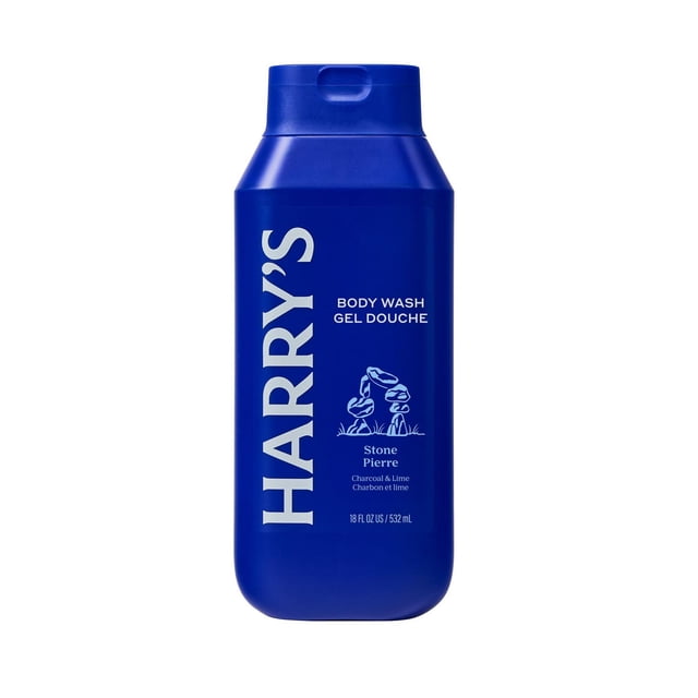 Harry's Cleansing Stone Body Wash in a blue rectangular bottle with flip-top cap, featuring white text and a stone stack graphic, containing 532 mL of charcoal and lime scented body wash gel for a balanced clean in bath and shower routines.
