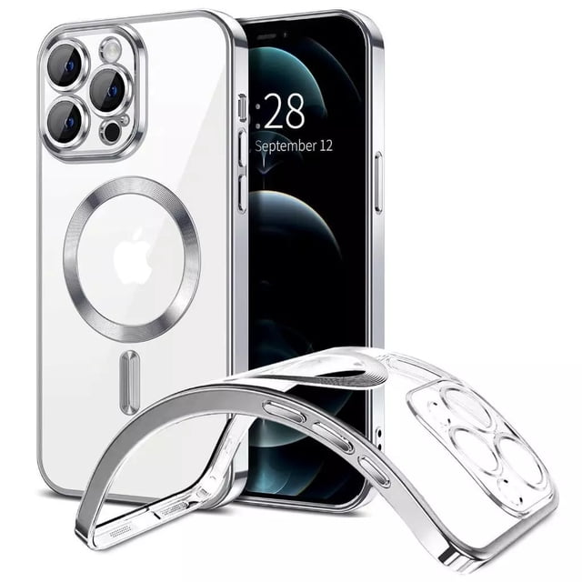 Phonesmart iPhone 16 Pro Max Case with hybrid TPU back cover, MagSafe-compatible magnetic wireless charging, and built-in magnets for secure alignment. Features include drop protection, raised edges for screen and camera guard, and a scratch-resistant acrylic back to showcase the phone's original design. Clear finish with metallic accents.