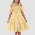 thumbnail image 2 of YDFCWXW Girls Cold Shoulder Shirred White Off Shoulder Ruffle Sleeve Summer A-Line Princess Sundress (Yellow, 3-4 Years), 2 of 7