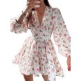 thumbnail image 1 of xiaxaixu Robes Mini pour Femmes, Robe d'Été à Imprimé Floral à Manches Longues, Décolleté en V Profond, Taille Haute, Ligne A, 1 of 5