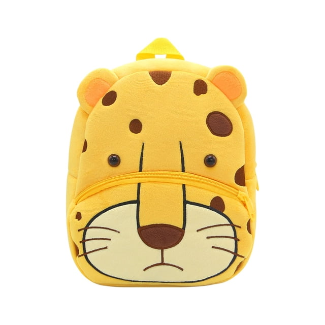 Rbaofujie Cute Children Backpack featuring a plush yellow design with a playful leopard face, including ears and spots. This lightweight and compact backpack measures 26x24x10cm, offering spacious storage with a front zippered pocket and padded shoulder straps for comfort. Ideal for kindergarten, preschool, or outings, it is made from durable materials with sturdy zippers and easy-to-clean fabric.