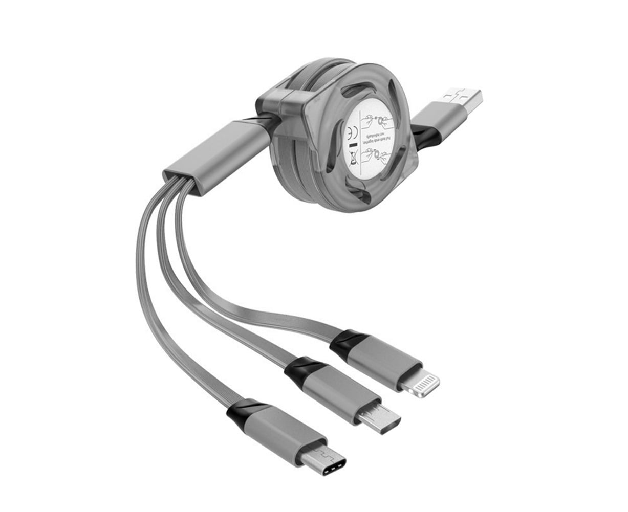 Mini 3 in 1 Telescopic Braided Charge Cable for iPhone Type-C Android Micro USB-Grey