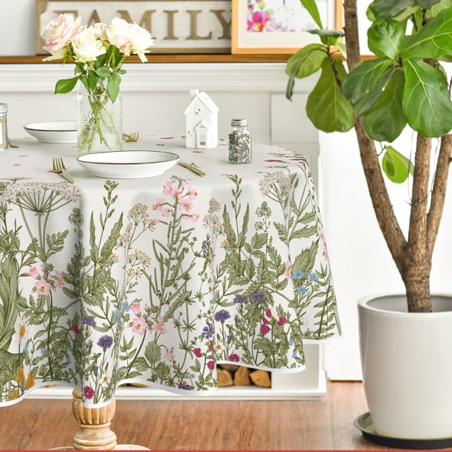 Spring Summer Tablecloth 60x60 Inch Round, Wild Flowers Floral Table Cover for Party Picnic Dinner Decor