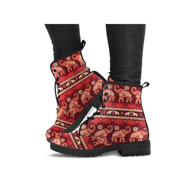 UKAP Women Leather Boot Floral Short Bootie Lace Up Ankle Boots Work Booties Waterproof Red 9
