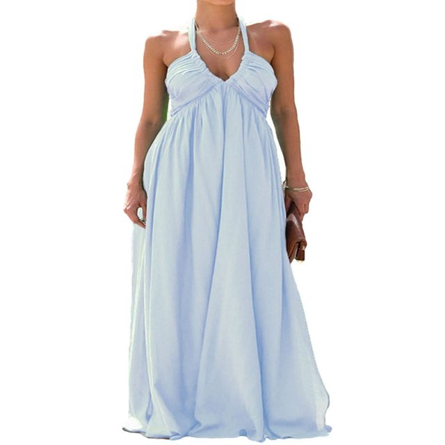 Ladies‘ Tie-Up Halter Neck Dress in Solid Color for Summer Casual Wear