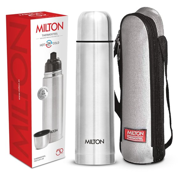 Flip Lid 750 Thermosteel Water Bottle With Jacket - 750ml, Silver | 24 Hours Hot & Cold - Vacuum Insulated Flask For Office, Gym, School | Leak Proof Lid, Dishwasher Safe
