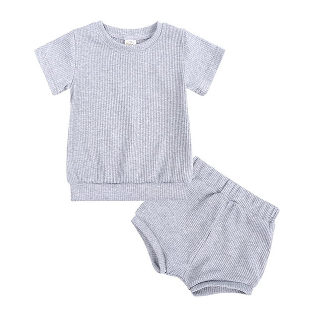 TopLLC Short Sleeve Round-Neck Blouses & Shirts Sets Girl's Solid Color Threaded Round Neck Short Sleeved And Shorts Two-Piece Set Girl Set