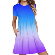 AherBiu Womens T Shirt Dress Summer Casual Crewneck Short Dress Gradient Color Short Sleeve Mini Dress