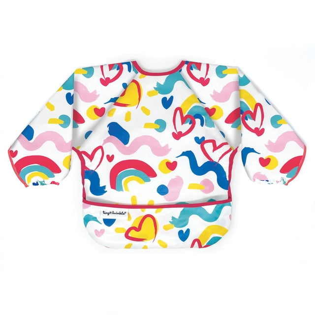Tiny Twinkle - Mess-proof Full Sleeve Bib in white with colorful abstract hearts, rainbows, and brushstroke patterns, made from soft, lightweight, waterproof recycled polyester with elastic cuffs and a large front pocket to catch spills, designed for babies 6-24 months.