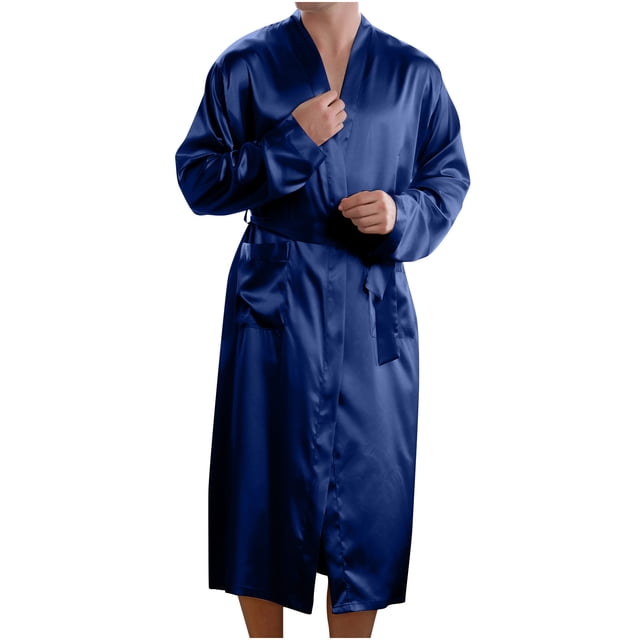 Men Solid Casual Long Sleeves Lace-up Home Pocket Long Pajama Robe
