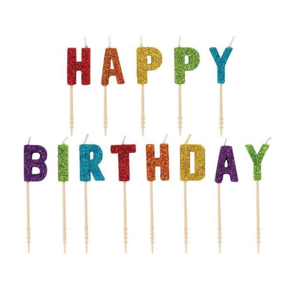 Bougies d'anniversaire Rainbow Glitter 13 avec lettres décoratives « Joyeux anniversaire »