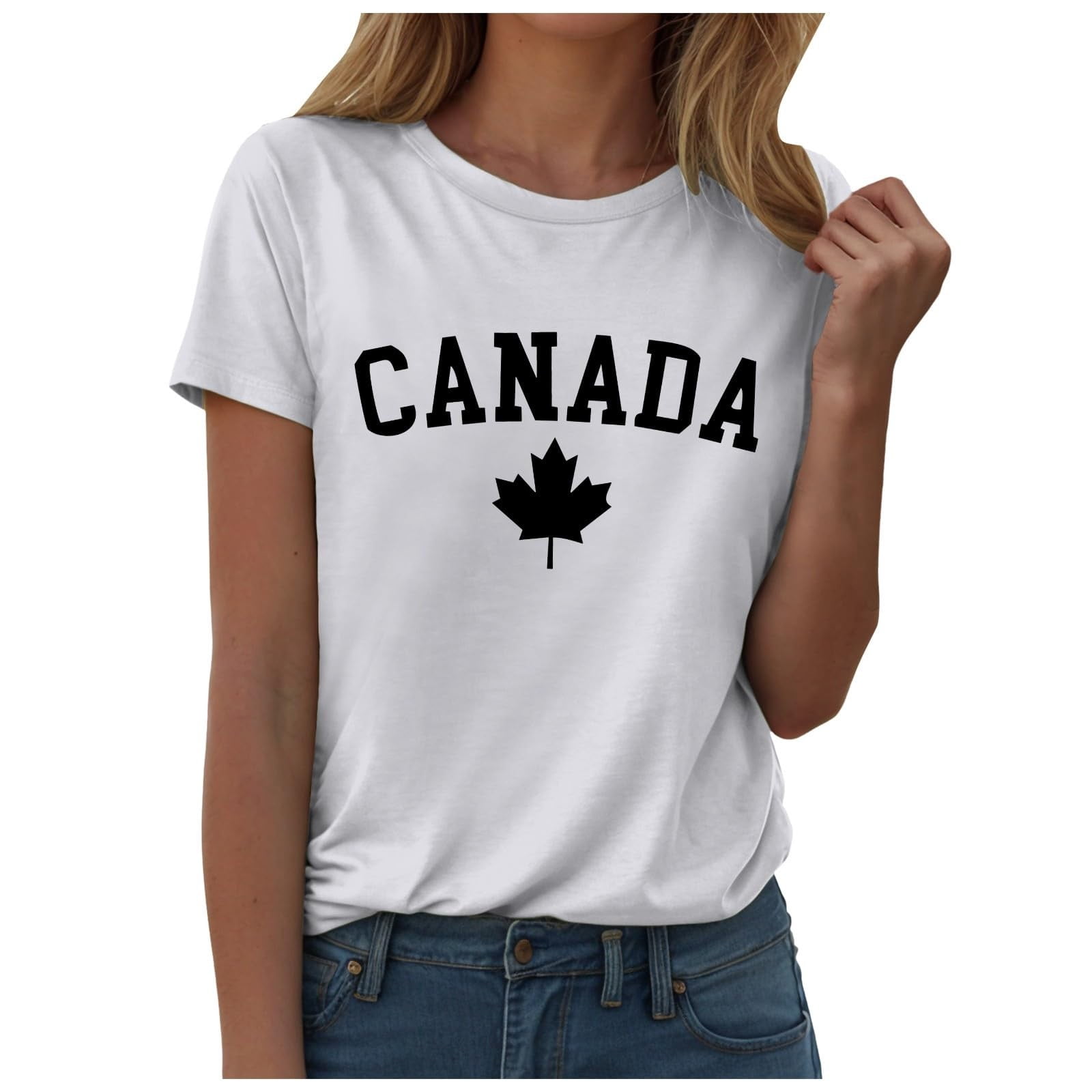 WEIYLL Womens T Shirts Canada Day Letter Maple Leaf Print White Tees Sizes M
