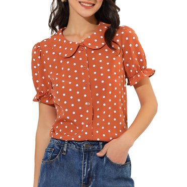 INSPIRE CHIC Chemise à Pois pour Femme Manches Courtes Bouffantes Vintage Boutonnée Col Peter Pan Blouse Hauts TP Orange Rouge