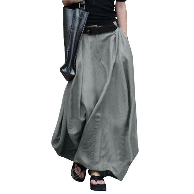 ZANZEA Ladies Skirts Elastic Waist Mid-Calf Length Side Pockets Skirts